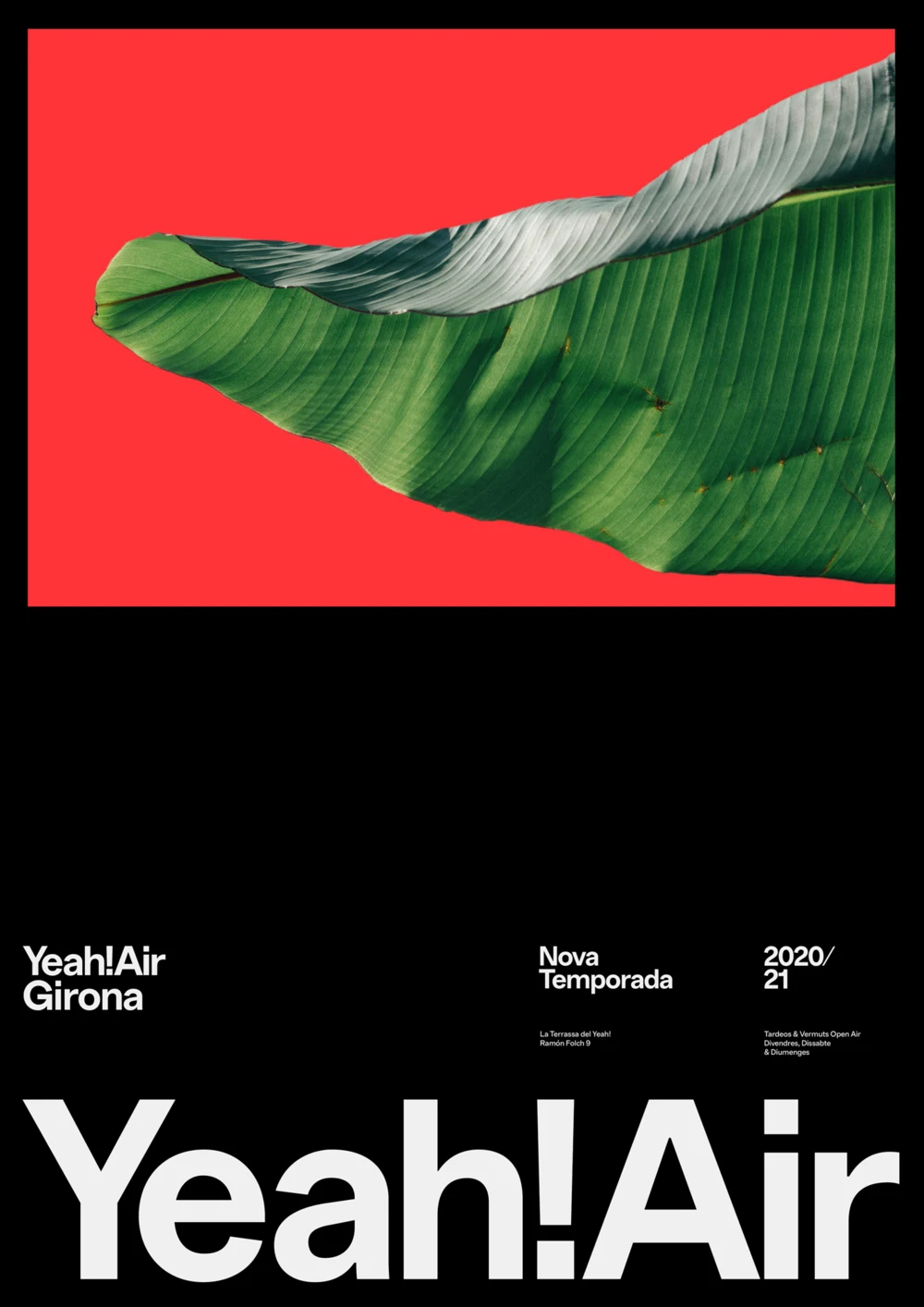 Плакат Yeah!Air Girona: красный прямоугольник с листом сверху, имя набрано во всю ширину внизу
