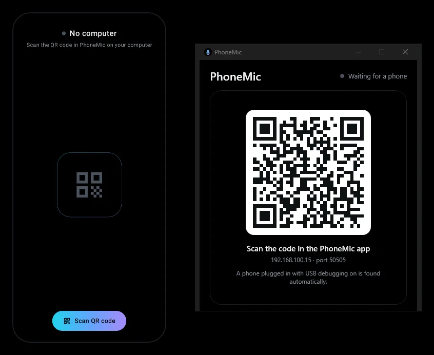 First launch: the phone asks to scan a QR code, the PC app shows it