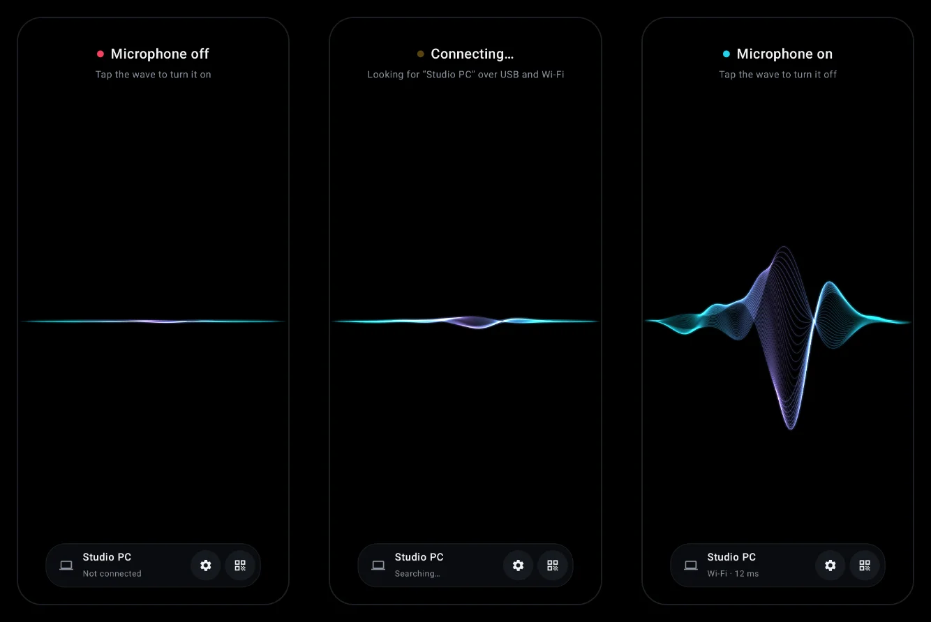 Off, connecting, live: the wave grows from a dim thread into a ribbon